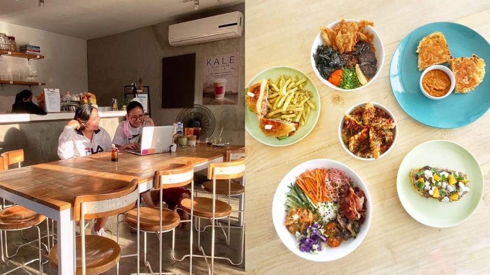 left: interior view of kale cafe restaurant; right: bestselling dish from kale cafe restaurant